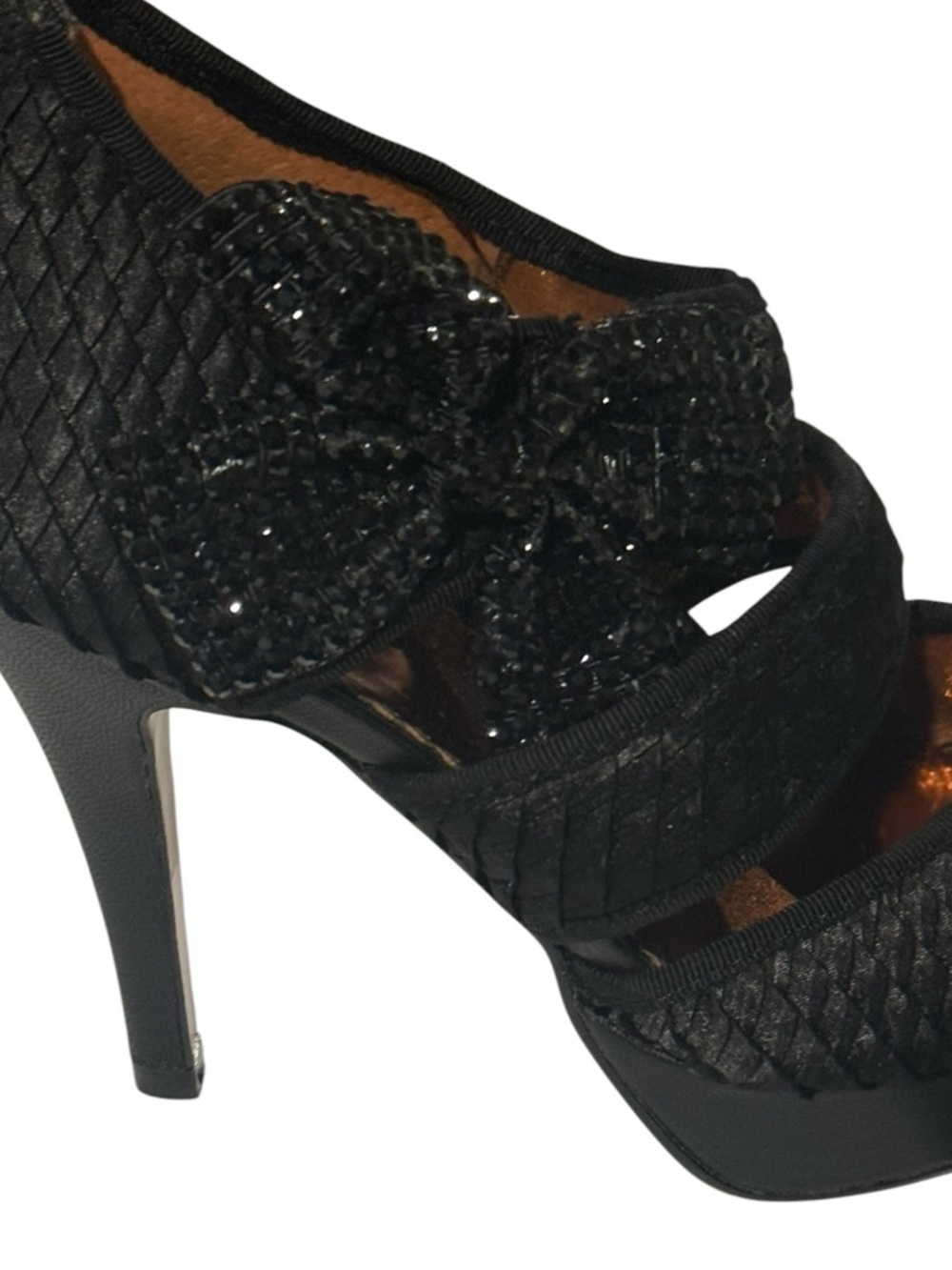 POETIC LICENSE Mistletoe Kisses Black Open Toe Rhinestone Bow 4” Heels Size 6 - Picture 8 of 13